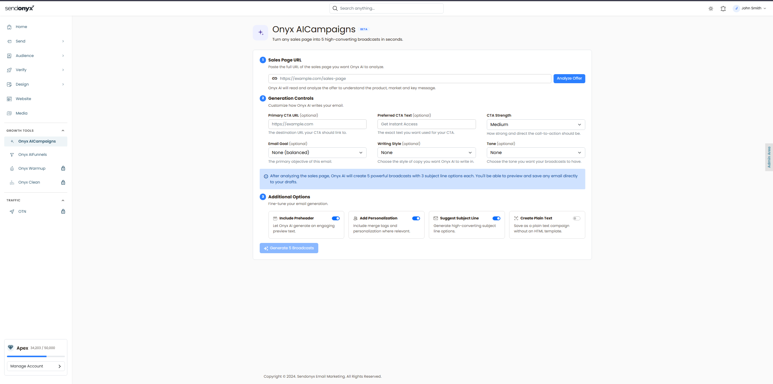 Onyx AI Campaigns broadcast generator