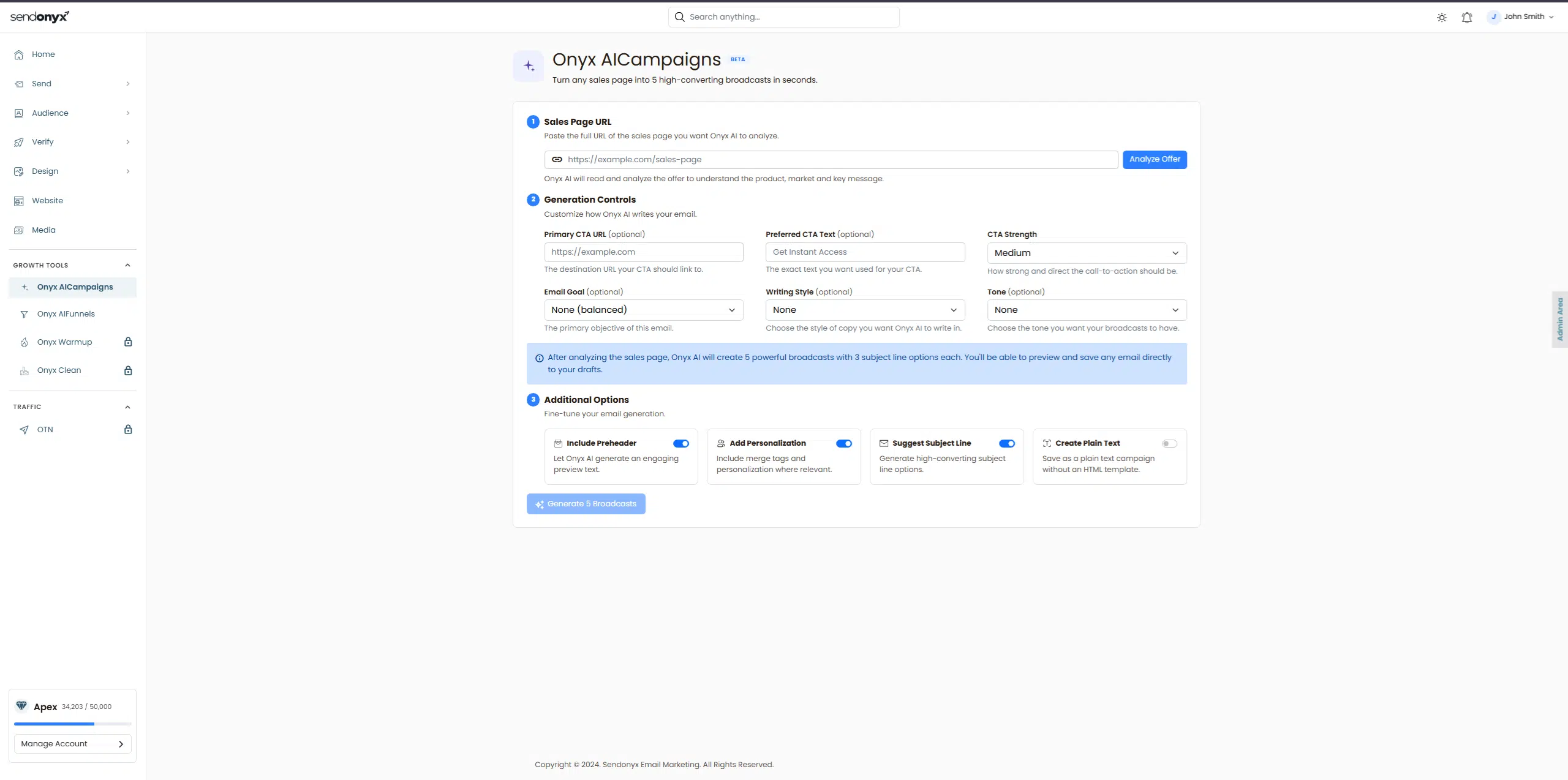 Onyx AI Campaigns broadcast generator