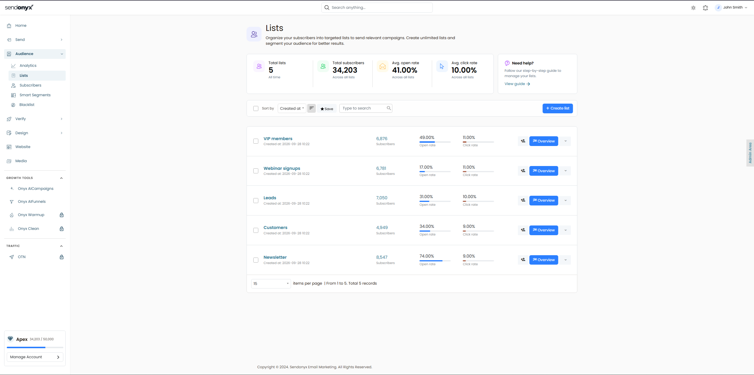SendOnyx subscriber lists