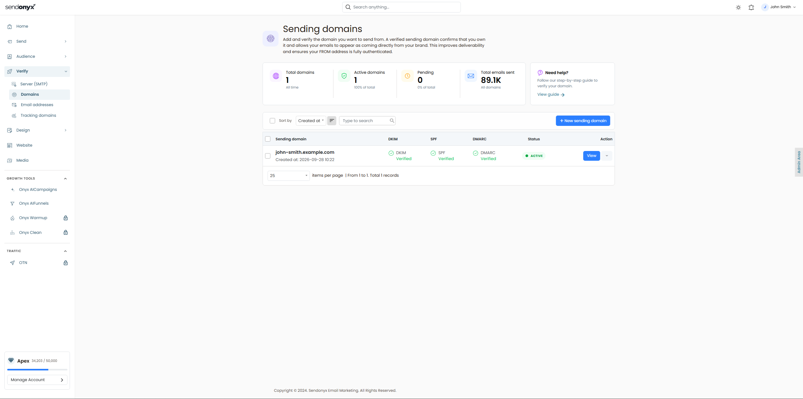 SendOnyx sending domain verification