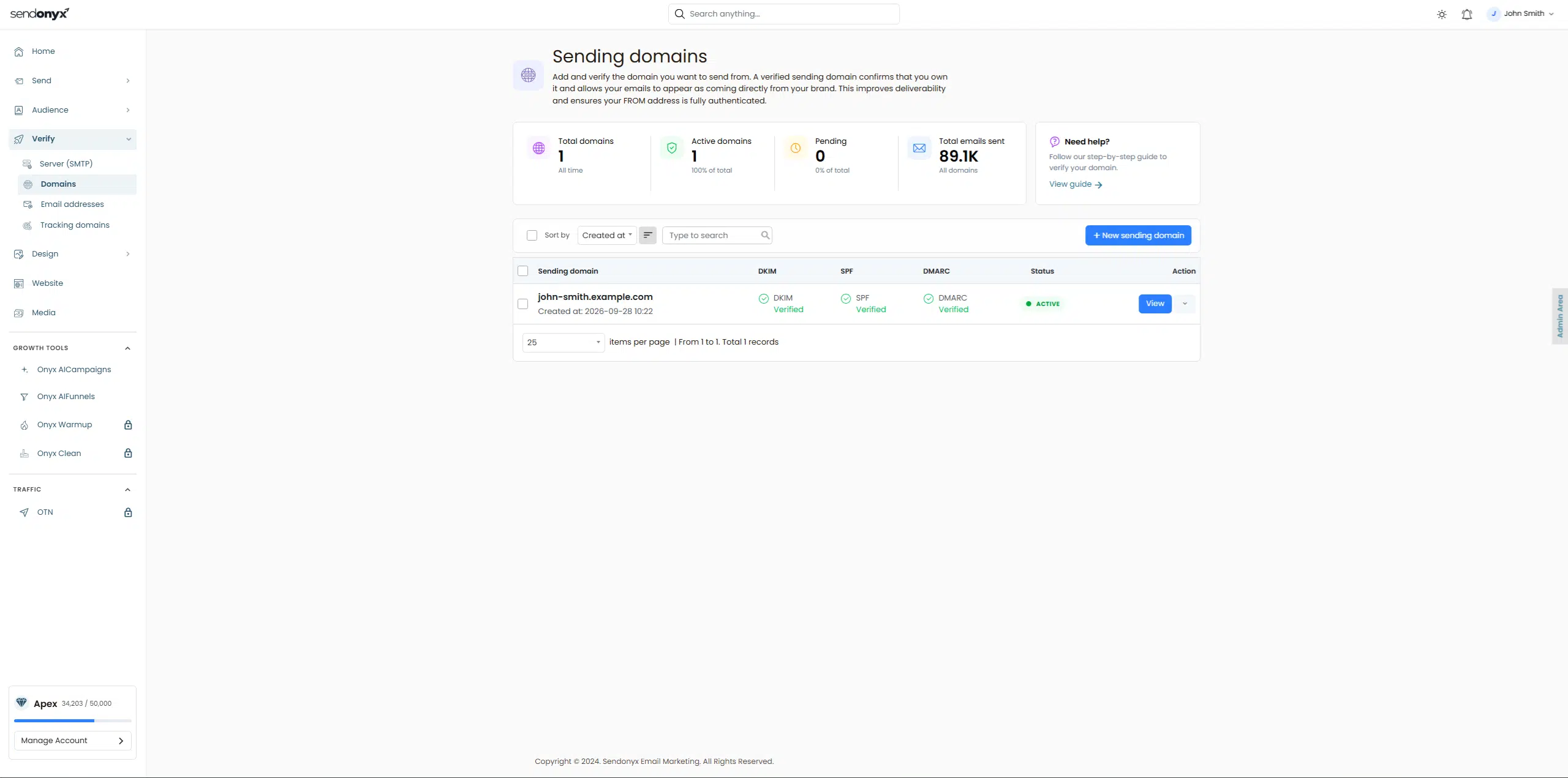 SendOnyx sending domain verification