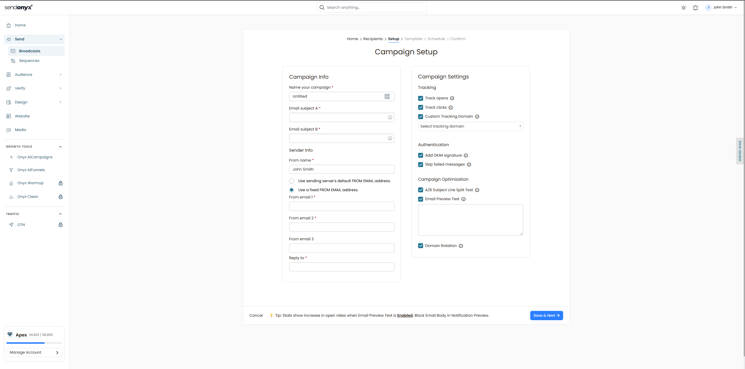 SendOnyx campaign setup options