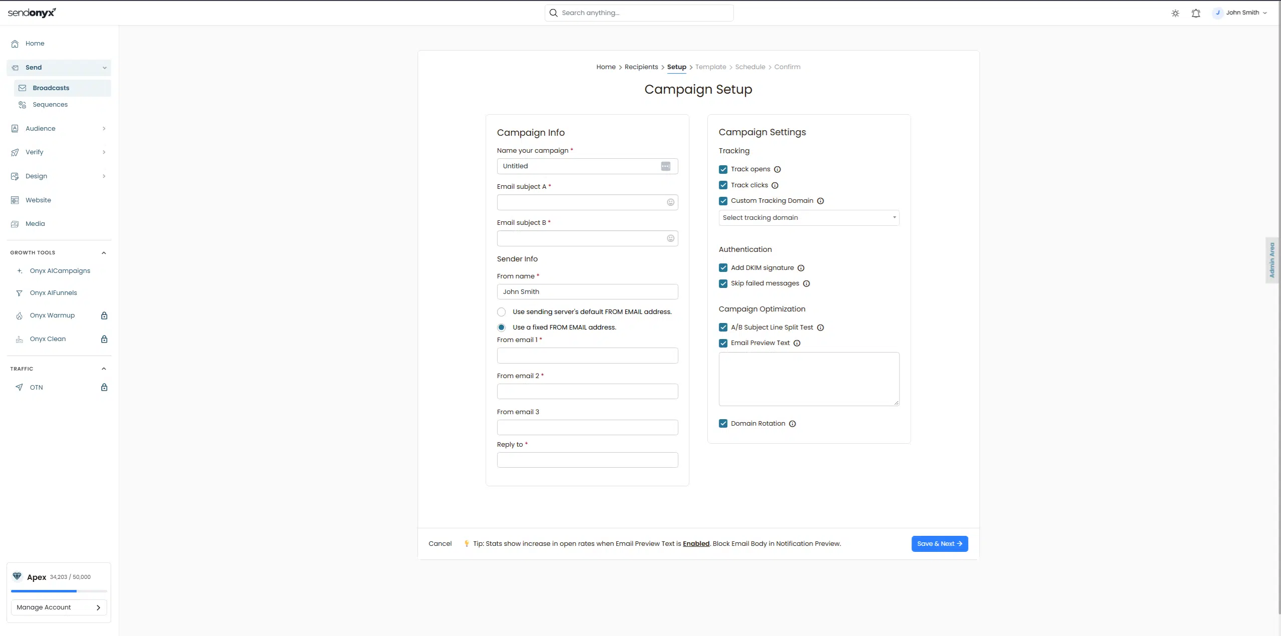 SendOnyx campaign setup options